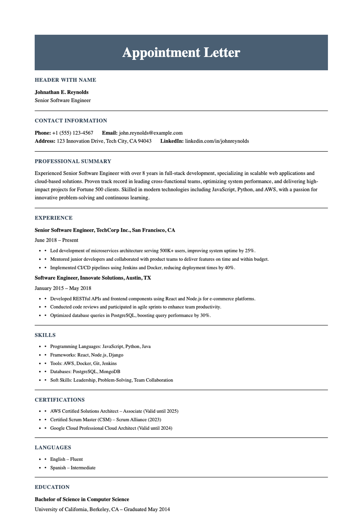Professional software developer resume with skills certifications and experience highlights_variant_3